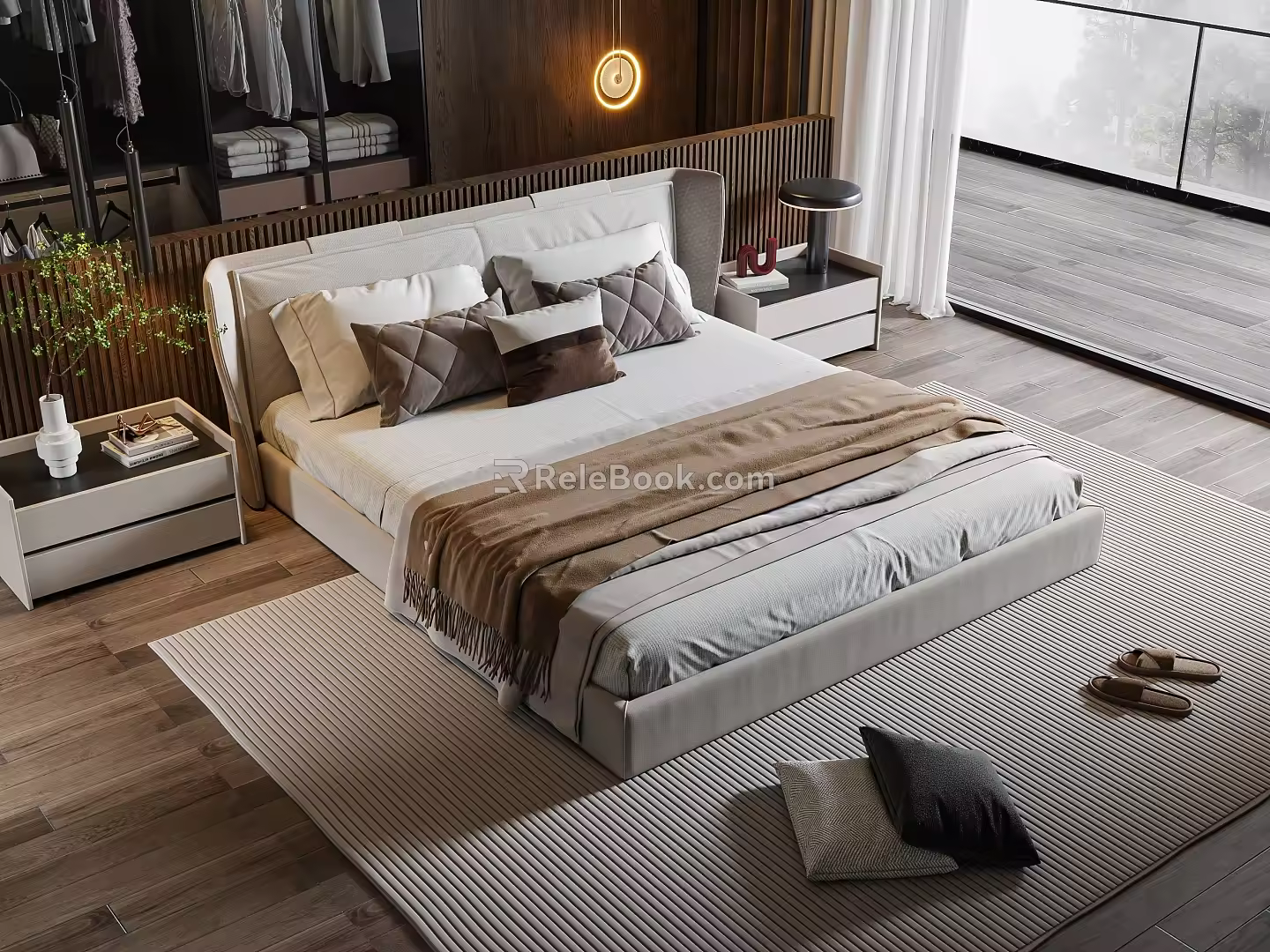 Double bedside table chandelier carpet pillow ornaments 3d model