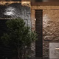 Contemporary Restaurant Interior Design Featuring Stone Walls Green Plants Wooden Decor And Black Flooring