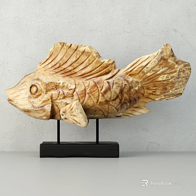 Hand Carved Wooden Fish Sculpture Decorative Ornament With Black Base Stand 3d model 