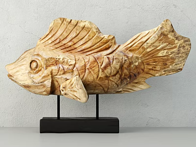 Hand Carved Wooden Fish Sculpture Decorative Ornament With Black Base Stand 3d model