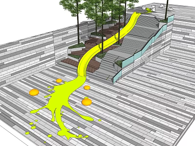 Commercial Landscape Design With Wooden Deck Steps Trees Railing And Yellow Pathway 3d model