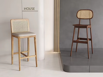 Modern Minimalist Bar Stools With Wooden Frame Rattan Backrest Light And Dark Seat Cushion 3d model