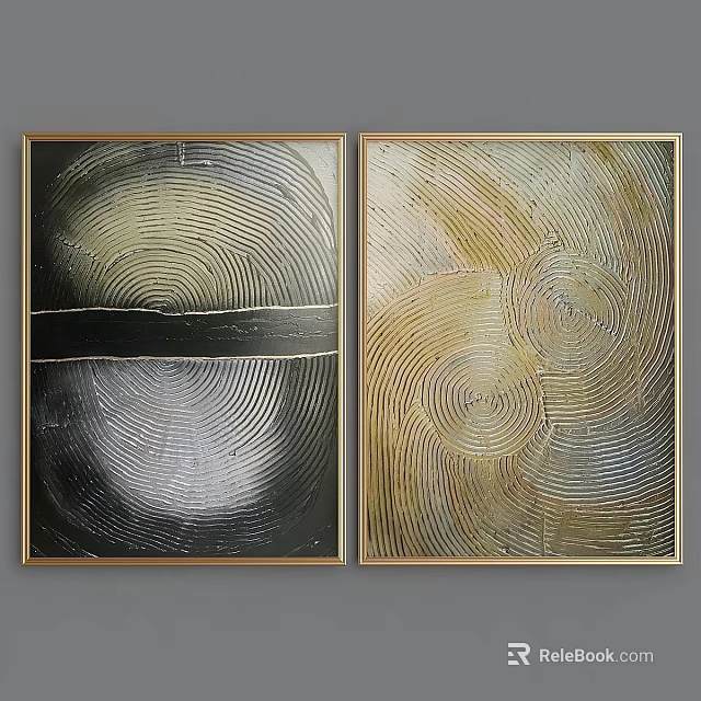 Two Framed Abstract Spiral Wall Art With Black Gold White Textured Patterns 3d model 