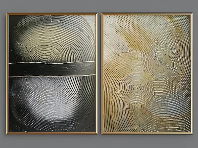 Two Framed Abstract Spiral Wall Art With Black Gold White Textured Patterns 3d model