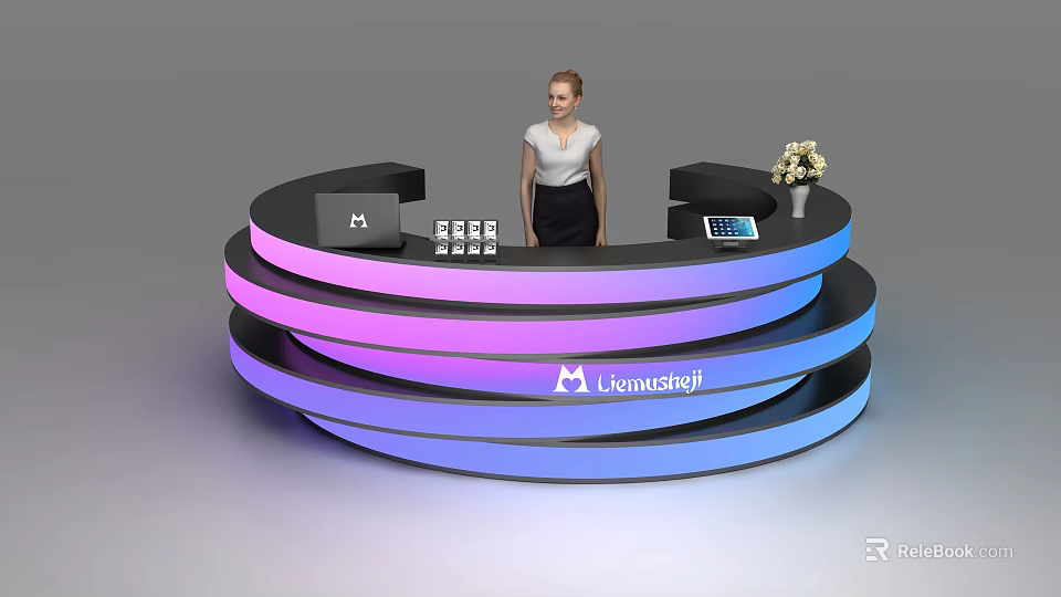 Modern Reception Desk With Colorful Gradient Lighting Female Receptionist Office Items And Leancraft Logo 3d model 
