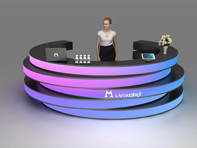 Modern Reception Desk With Colorful Gradient Lighting Female Receptionist Office Items And Leancraft Logo 3d model