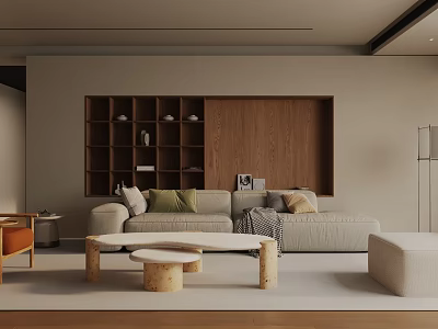 Modern Living Room Interior With Beige Sofa Wooden Bookshelf And Round Coffee Table 3d model