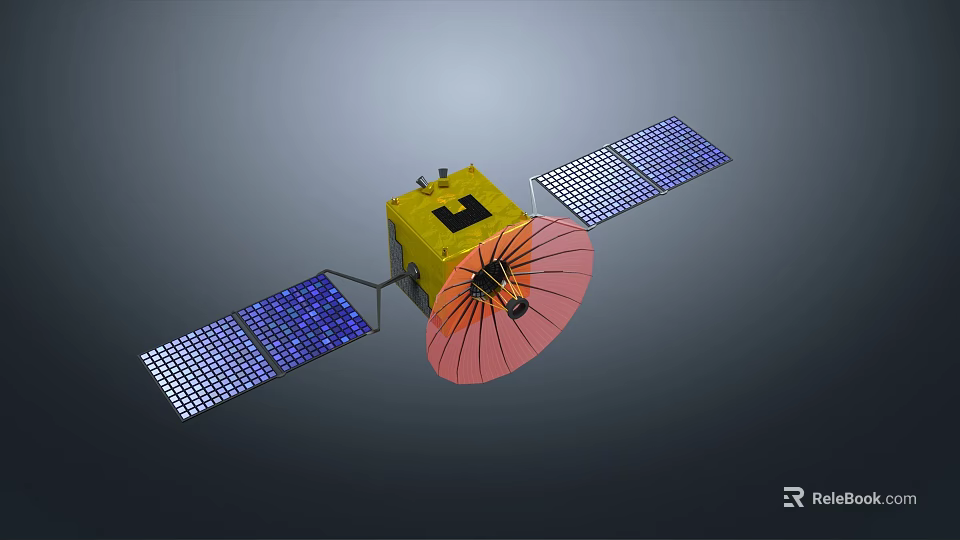 Space Satellite With Yellow Main Body Blue Solar Panels And Pink Umbrella Antenna 3d model 