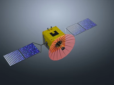 Space Satellite With Yellow Main Body Blue Solar Panels And Pink Umbrella Antenna 3d model