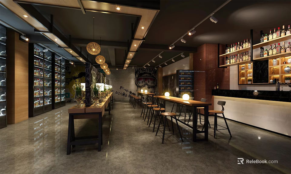 Modern Bar Interior Design Featuring Long Tables High Stools And Wine Racks 3d model 