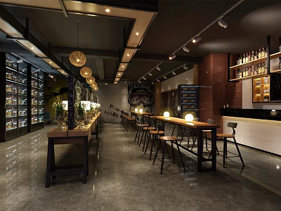 Modern Bar Interior Design Featuring Long Tables High Stools And Wine Racks 3d model