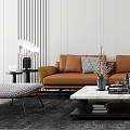 Modern Orange Leather Sofa And Rectangular Coffee Table With Gray Pillows Herringbone Carpet Abstract Painting 3d model