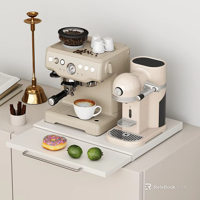 Tableware Set Including Espresso Machine Milk Frother Coffee Cup Beans Donut Limes On White Countertop 3d model 