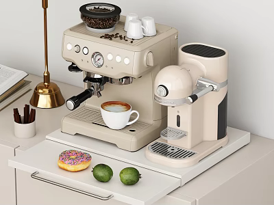 Tableware Set Including Espresso Machine Milk Frother Coffee Cup Beans Donut Limes On White Countertop 3d model