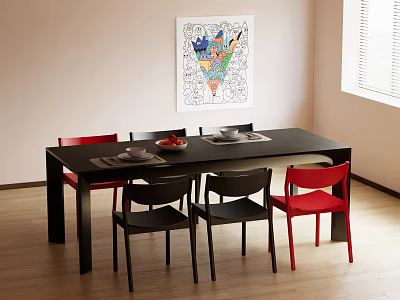 Modern Dining Table Set with Black and Red Chairs and Colorful Abstract Painting on Wall 3d model