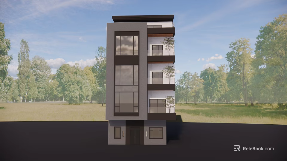 Modern Three Story Detached Villa With Large Glass Windows Balconies And Green Surroundings 3d model 