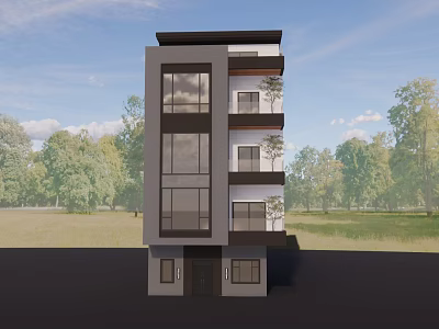 Modern Three Story Detached Villa With Large Glass Windows Balconies And Green Surroundings 3d model