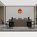 Modern Court Interior With Official Badge Wooden Desk Computers Chairs And Plant