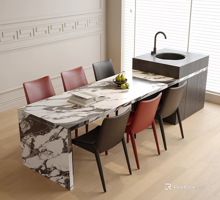 Marble Table and Chair Set with Red Black Chairs Fruit Book on Light Wooden Floor 3d model 