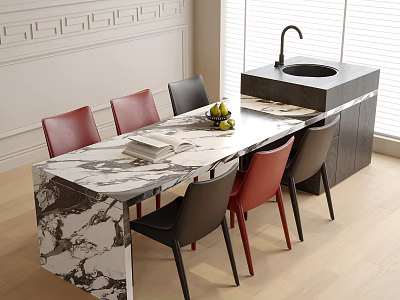 Marble Table and Chair Set with Red Black Chairs Fruit Book on Light Wooden Floor 3d model
