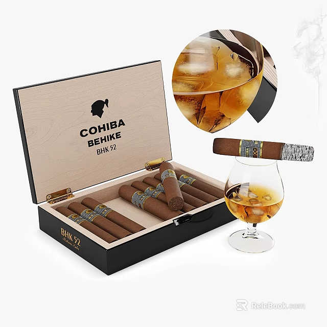 Elegant Decorative Ornament Set with Open Cigar Box Cigars and Whiskey Glass with Ice 3d model 