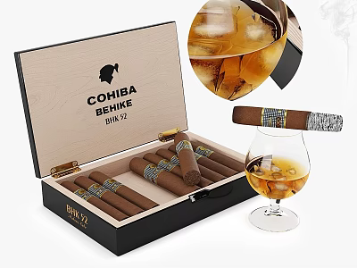 Elegant Decorative Ornament Set with Open Cigar Box Cigars and Whiskey Glass with Ice 3d model