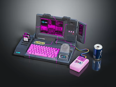 Cyberpunk Style Electronic Laptop With Purple Backlit Keyboard And Accessories 3d model