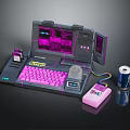 Cyberpunk Style Electronic Laptop With Purple Backlit Keyboard And Accessories