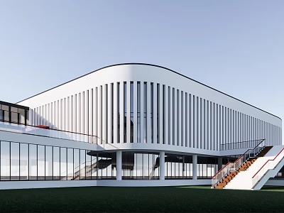 Modern White School Building With Curved Roof Striped Facade Glass Windows And Staircase On Grass 3d model