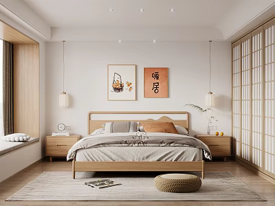 Serene Bedroom Interior With Wooden Bed Frame Decorative Paintings And Japanese Sliding Doors 3d model
