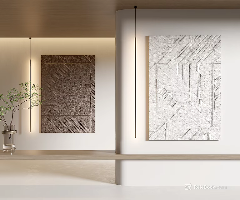 Minimalist Wall Decor With Geometric Pattern Paintings And Potted Plant 3d model