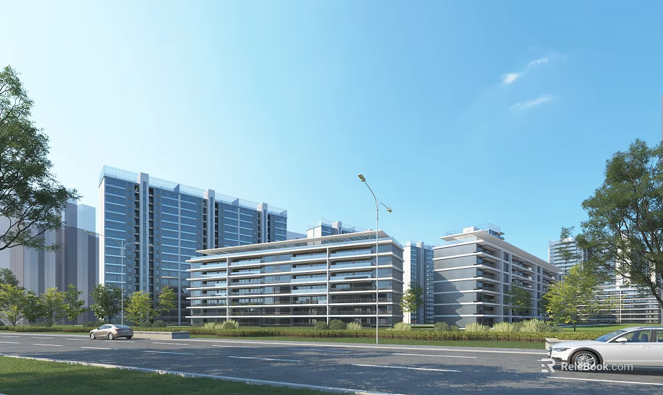 Modern High Rise Residential Buildings Featuring Glass Curtain Walls Greenery and Road 3d model 