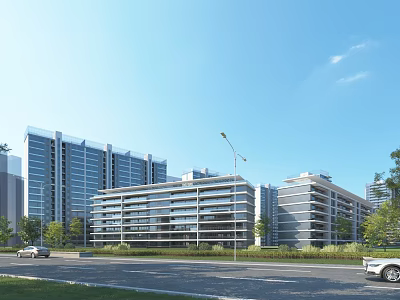 Modern High Rise Residential Buildings Featuring Glass Curtain Walls Greenery and Road 3d model