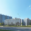 Modern High Rise Residential Buildings Featuring Glass Curtain Walls Greenery and Road