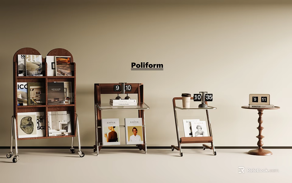 Poliform Various Designs Wooden Metal Shelving Units With Wheels Magazines Books 3d model 