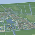 Bird's Eye View Urban Planning With Water Bodies Buildings Road Networks And Green Spaces