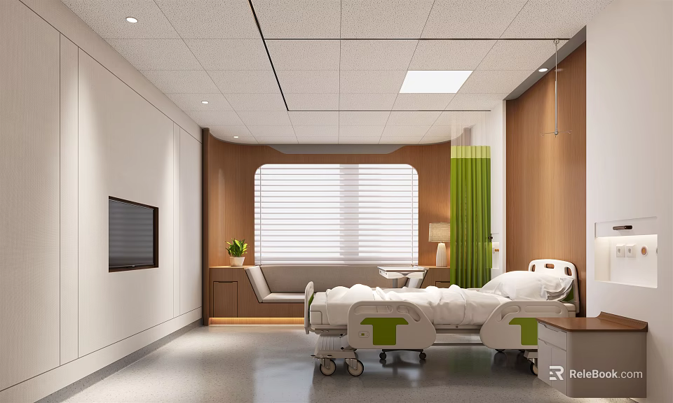 Modern Hospital Room Interior With Medical Bed TV Window Green Curtain And Wooden Cabinets 3d model 