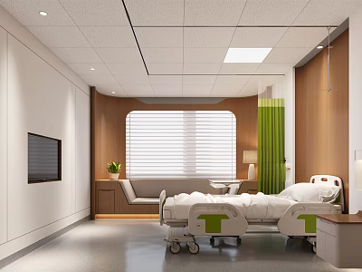 Modern Hospital Room Interior With Medical Bed TV Window Green Curtain And Wooden Cabinets 3d model