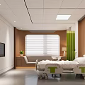 Modern Hospital Room Interior With Medical Bed TV Window Green Curtain And Wooden Cabinets