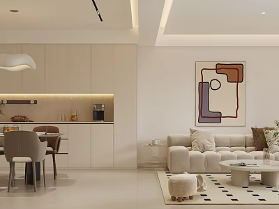 Modern Living Dining Room Interior With Beige Sofa Dining Table And Abstract Artwork 3d model