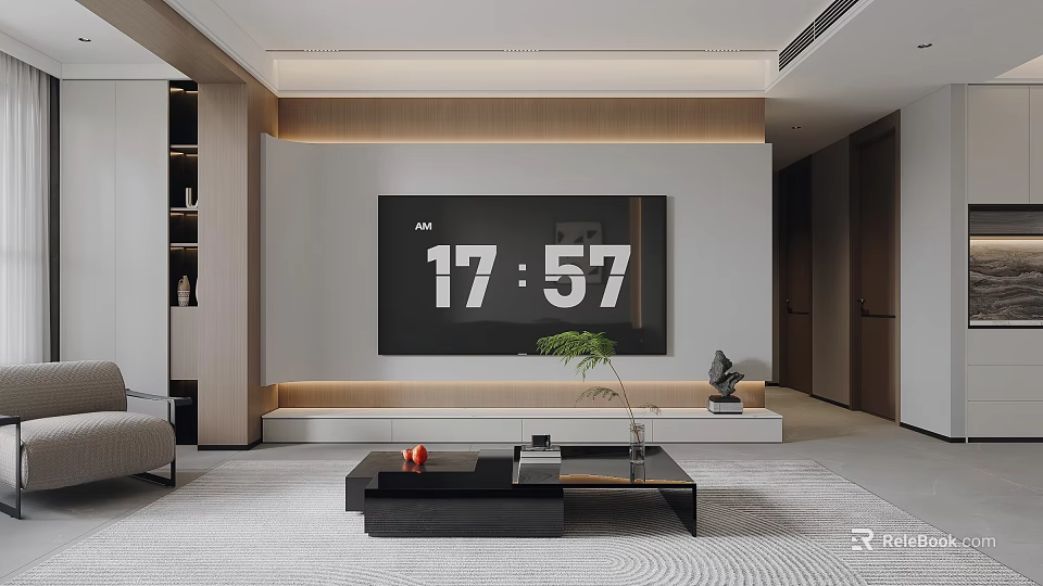 Modern Living Room Interior With TV Wall Wooden Accents Coffee Table And Green Plant 3d model 