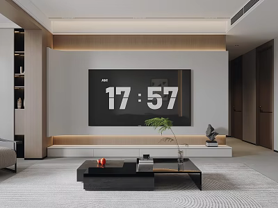 Modern Living Room Interior With TV Wall Wooden Accents Coffee Table And Green Plant 3d model