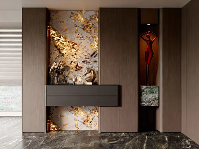 Modern Luxury Foyer Hallway With Dark Wood Cabinets Gold Patterned Wall And Marble Floor 3d model