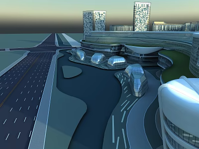 Modern Urban Commercial Complex Featuring Curved Glass Facade Green Roof And Water Feature 3d model