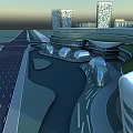 Modern Urban Commercial Complex Featuring Curved Glass Facade Green Roof And Water Feature