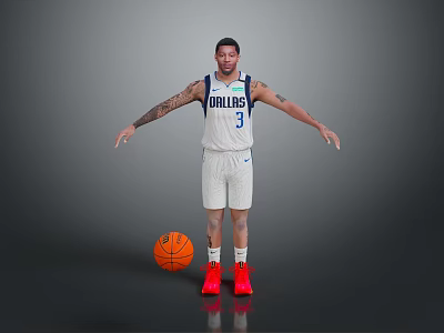 Man With Tattoos Wearing Dallas Mavericks Jersey Number 3 Standing With Basketball And Red Shoes 3d model