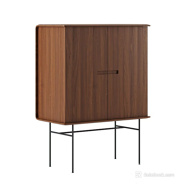 Walnut Wood Console Cabinet With Double Doors And Black Metal Legs 3d model 