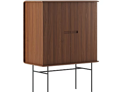 Walnut Wood Console Cabinet With Double Doors And Black Metal Legs 3d model
