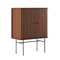 Walnut Wood Console Cabinet With Double Doors And Black Metal Legs
