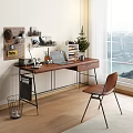 Cozy Wooden Desk With Table Lamp Laptop Calendar Headphones And City View